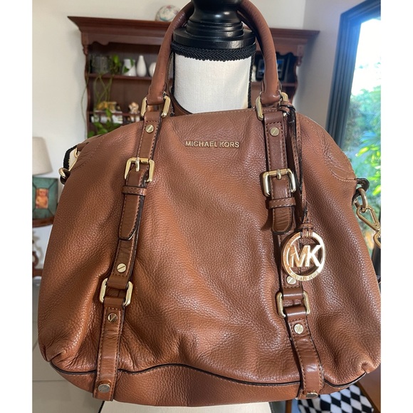 Michael Kors Bedford Belted Cognac Pebbled Leather Satchel Bag - Picture 1 of 7